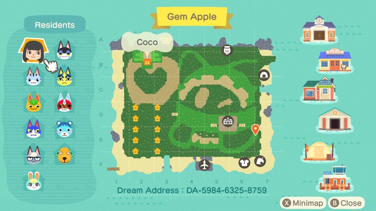 The Map of  the Gem Apple dream town I visited in ACNH! It looks like magolor doing heart hands! Dream address is: DA-5884-6325-8759