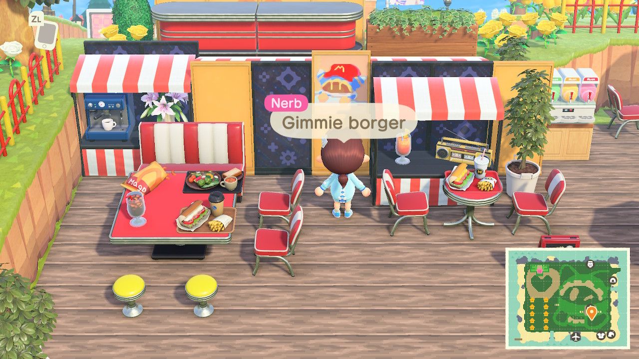 My animal crossing new Horizons character in a fast food restaurant area of gem apple saying: Nerb: "Gimmie borgor"