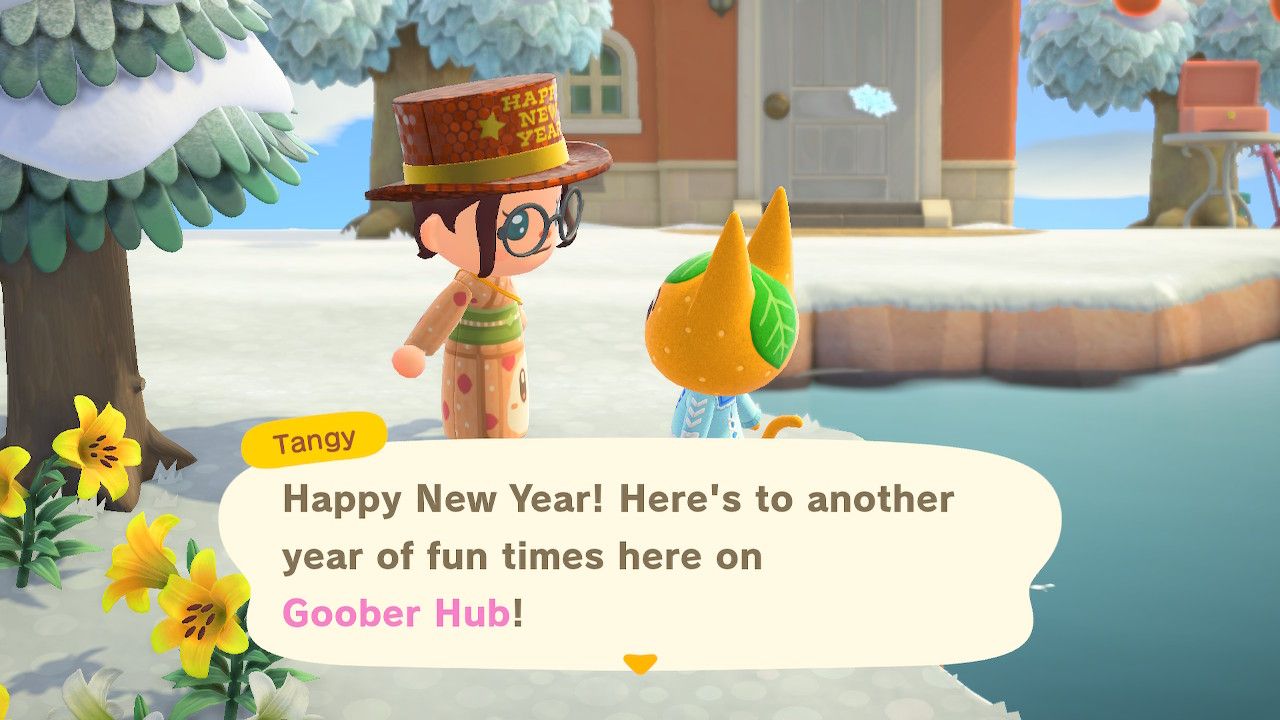 Tangy wishing me happy new years  in animal crossing new horizons. Tangy: "Happy New Year! Here's to another year of fun times here on goober hub!"