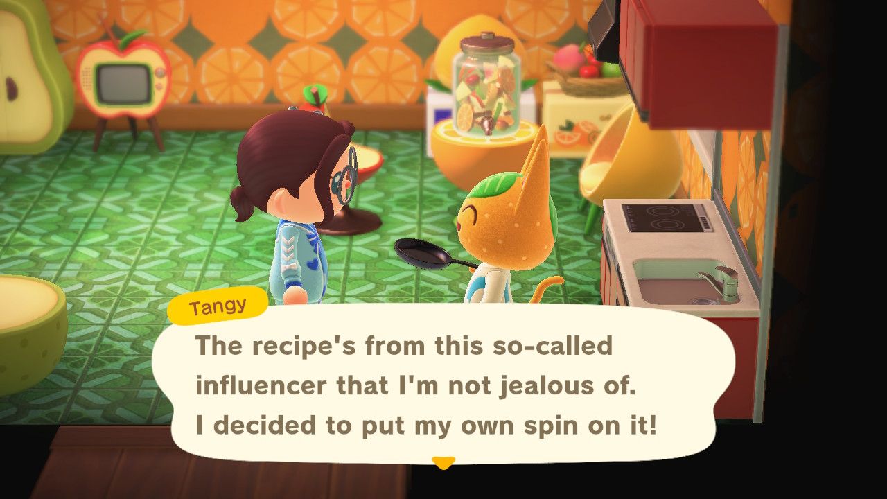 Tangy giving my player a food recipe in acnh. Tangy says: "The recipe's from this so-called influencer that I'm not jealous of. I decided to put my own spin on it!"  