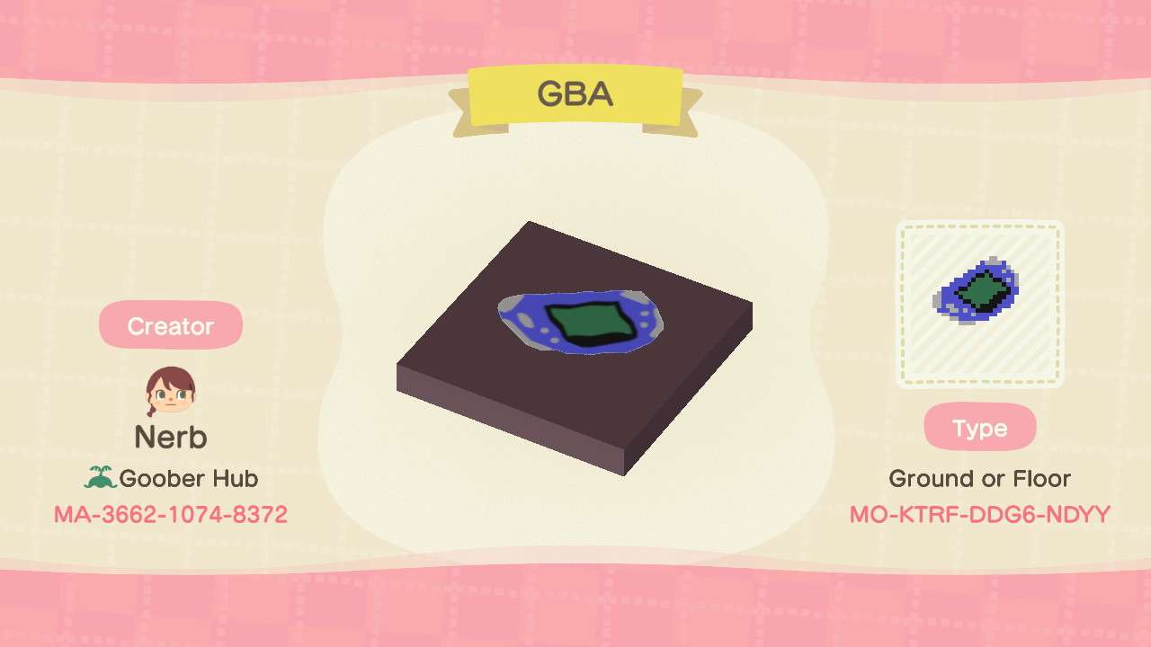 Nintendo GBA on the ground design code for ACNH